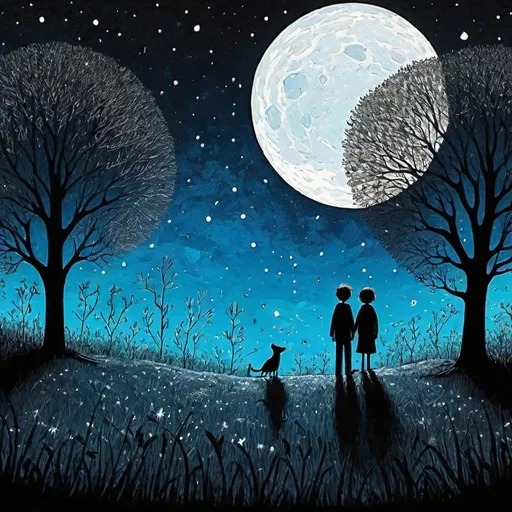 Prompt: Style By Don Hertzfeldt: a magical night, a Boy and father duo stick figure under the moonlight, a field of trees, visual stunning sensations, naive art, impasto, 