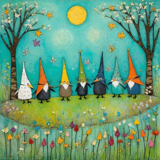 Prompt: Sam Toft style art pile of too many wizards cute creatures in a whimsical spring garden. craquelure, tempera, guache impasto encaustic texture