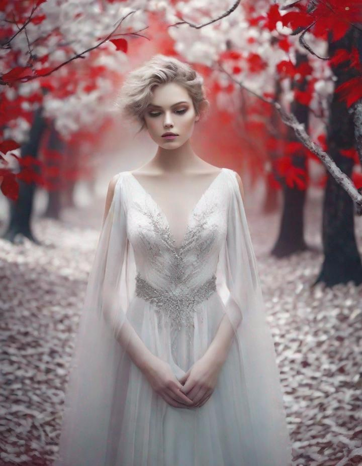 Prompt: A beautiful young lady, beautiful face, in a ghostly forest of white trees with red leaves art by  Rebeca Saray, Yves Saint-Laurent, Paolo Roversi, Thomas Edwin Mostyn, Hiro isono, James Wilson Morrice, Axel Scheffler, Gerhard Richter, pol Ledent, Robert Ryman. Guache Impasto and volumetric lighting. Mixed media, elegant, intricate, beautiful, award winning, fantastic view, 4K 3D, high definition, hdr, focused, iridescent watercolor and ink