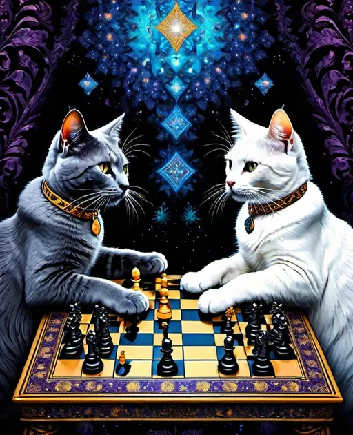 Prompt: surreal abstract, cats playing cosmic chess, galactic chess board , highly detailed hyper realistic exotic elaborate fractal patterns , ornate, dark Matisse palette, dark Rembrandt accents