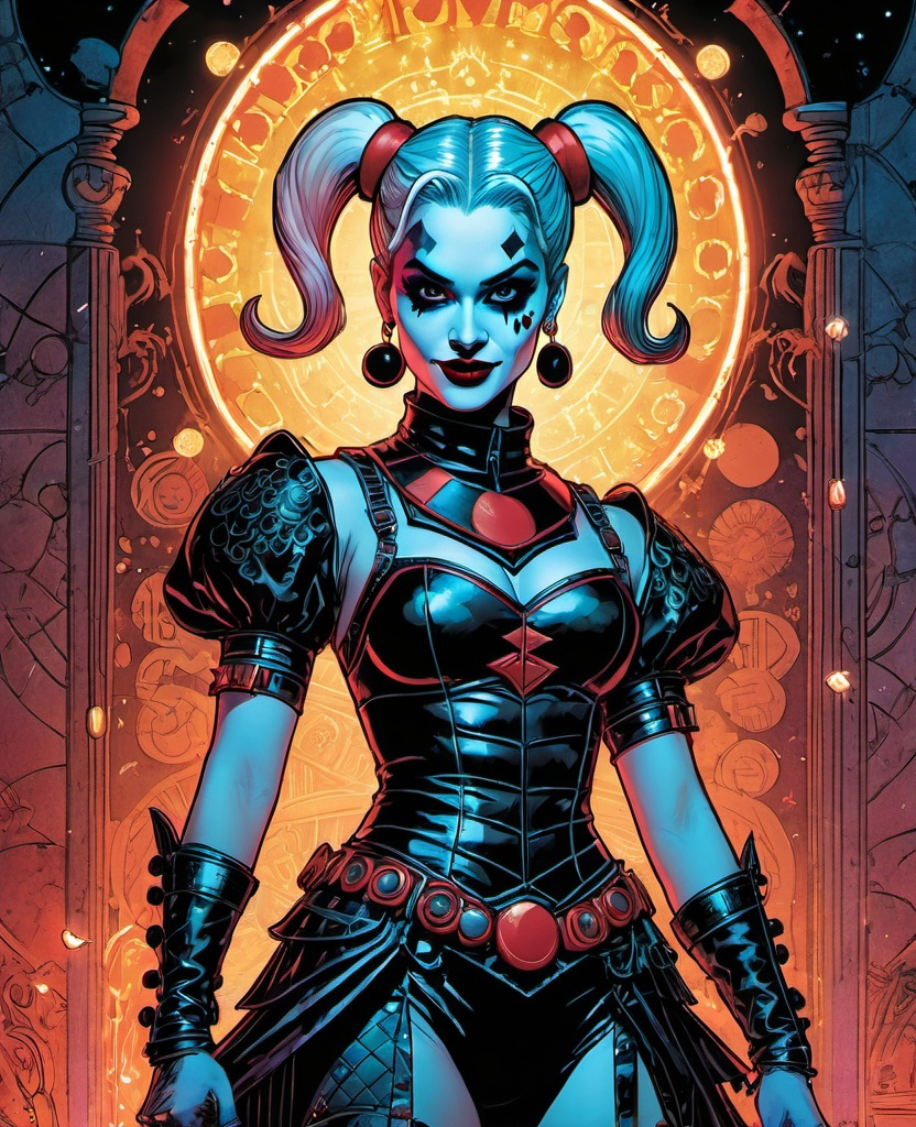 Prompt: harley quinn, yakshagana armor with geoglyph engraves, in the void, with a lumino kinetic glowing spells, comics cover by geof darrow, faerietale couture, dark fantasy, hypermaximalist watercolor