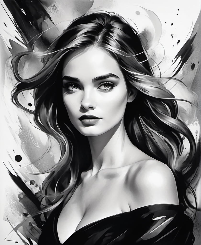 Prompt: abstract by lukas george, art by ida schnberg , in the style of black and white portraits, loose and fluid style, intriguing femininity, realistic fantasy, charming sketches, grunge beauty, comic book-like, free brushwork