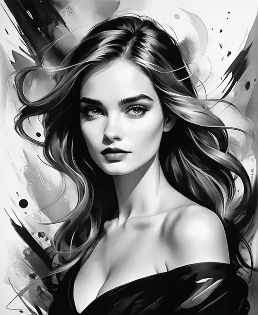 Prompt: abstract by lukas george, art by ida schnberg , in the style of black and white portraits, loose and fluid style, intriguing femininity, realistic fantasy, charming sketches, grunge beauty, comic book-like, free brushwork