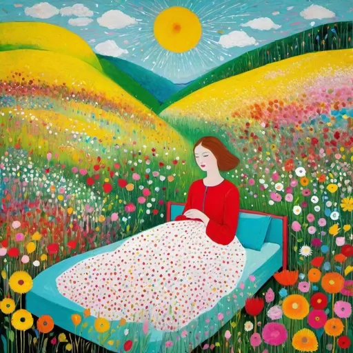 Prompt: Style By Don Hertzfeldt, Florine Stettheimer, Dina Wakley, Elisabeth Fredriksson: Waking up in spring, a beautiful girl in a bed in the middle of a whimsical field of flowers, a vivid explosion of colors and visual stunning sensations, naive art, impasto, 