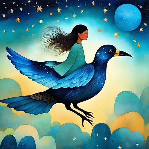 Prompt: In style of christian Schloe and daria Petrilli, a giant colorful bird flying in a whimsical night sky with a beautiful cute girl , she has a very long and wild  ombre gradient blue hair, and is flying on the Bird back . Craquelure, egg tempera effect, Naive art, extremely detailed, optical illusion, oil painting 