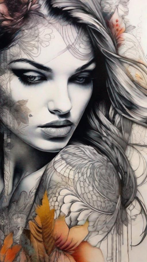 Prompt: Female beauty Art by Gabriel Moreno, through graphic and elegant image, Crayon lines that show beauty and hide fragility, fear, ephemeron, sensuality, and tattoo lines, coursing through the skin of the figure and revealing what its beauty hides. Mixed media, Highly detailed, intricate, beautiful, high definition, fantastic view. 3d, Watercolors and Ink, intricate details, volumetric lighting