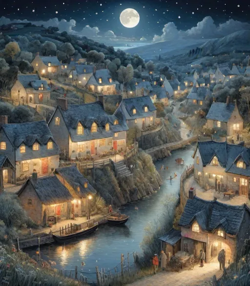 Prompt: The beautiful village with night animals style of Albert Goodwin, Lucy Grossmith, Amy Giacomelli, Wu Guanzhong. Extremely detailed, intricate, beautiful, 3d, high definition 