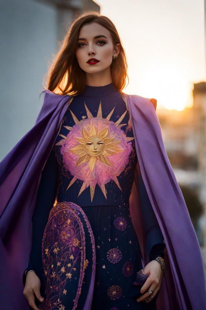 Prompt: an embroidered ecliptic with sun, glowcore, nightcore, indigo and gold, pop inspo, purple and pink, blink-and-you-miss-it detail, florence harrison, sparklecore