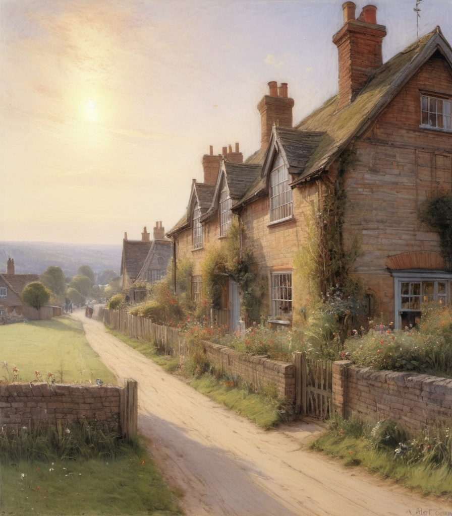 Prompt: The beautiful village style of Albert Goodwin