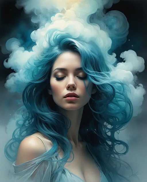 Prompt: Ethereal Hauntingly beautiful, a ghost surrounded by fog, smoke, her hair is a cascade of clouds art by zdzislaw beksinski, Agnes Cecile, conrad roset, Melanie Delon, Artgerm, Jordan Grimmer, peter mohrbacher. Aquarelle, eyes closed Highly detailed, Beautifully lit, best resolution, shimmer, glow, iridescent Watercolors, crispy, golden ratio, High quality, intricate details. beautiful, high definition, volumetric lighting 