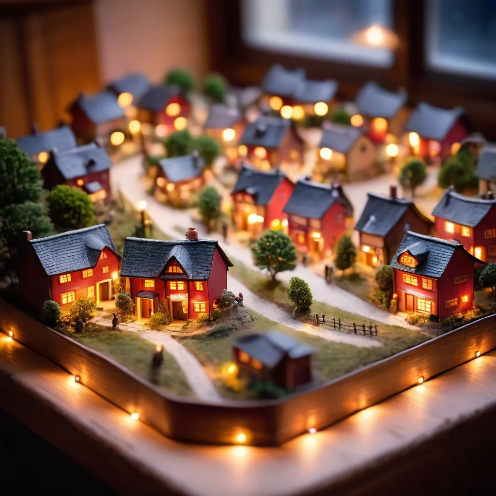 Prompt: tiltshift maquette of a tiny village inside a bentobox, beautiful lights wide view