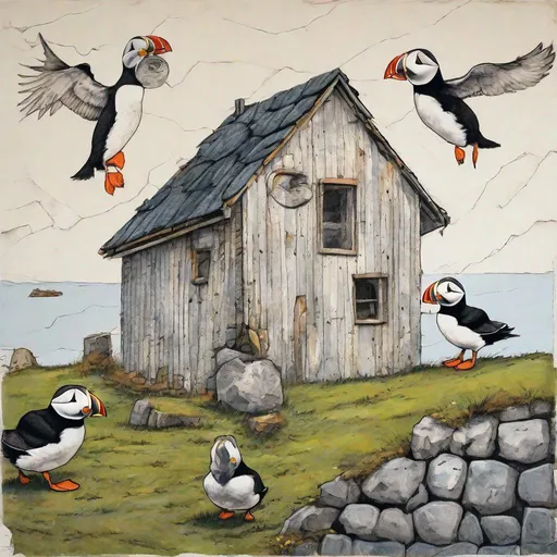 Prompt: jonathan moran's puffin painting'reel nid, in the style of whimsical comic strip, vernacular architecture, norwegian nature, weathered materials, kodak plus-x, french countryside, artistic doodles 