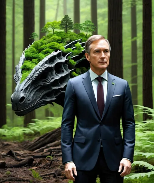 Prompt: A man in a suit with a head that has a small carboniferous forest on it 