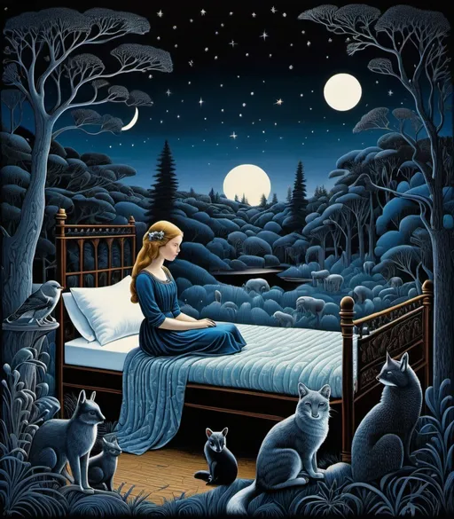 Prompt: She is a night girl with night animals style of Nicholas Hughes, Genevieve Godbout, Morris Hirshfield, Robert Gillmor, Amy Giacomelli. Extremely detailed, intricate, beautiful, 3d, high definition 