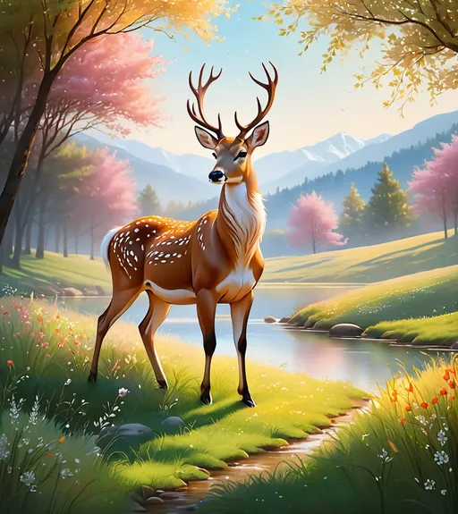 Prompt: Imagine a utopian rural landscape at sunrise, the sky a canvas of soft pastels, where nature and simplicity coexist in perfect harmony. Amidst the blooming meadows and serene lakes, a creature emerges, embodying the essence of benevolent coexistence. This is the idyllic deer, a blend of natural grace and the gentle rhythms of the earth. Its fur is a soft blend of earthy tones, each strand adorned with delicate blossoms that sway with the gentle breeze. The deer's eyes are warm amber, reflecting a soul connected to the tranquil pulse of the natural world. As it stands in a sunlit clearing, its elegant form is embraced by the morning light. The deer's body moves with effortless grace, untouched by artificial enhancements, a testament to the purity of its existence. Its hooves, finely tuned by nature, leave no destructive mark on the untouched landscape. The remnants of the meadow tell a story of the deer's passage - flowers blooming in its wake, the natural world flourishing in harmony. From its nostrils, a fragrant breeze carries the scent of wildflowers, a gentle reminder of the symbiotic relationship between the deer and its surroundings. Its tail sways with a rhythmic dance, a symbol of harmony and balance. This deer is not merely an animal; it is a living embodiment of peace, a symbol of nature's beauty and resilience. Its gentle call echoes through the serene landscape, a harmonious melody inviting all creatures to share in the tranquility of this untouched world. This is not just a creature; it is a vision of an everlasting, harmonious existence, Heliocentric 