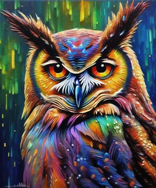 Prompt: rainbow horned owl , style of Van Gogh, shimmering, colorful , heavy oil painting, impressionist painting style, holographic, iridescent, glowing, 3d 