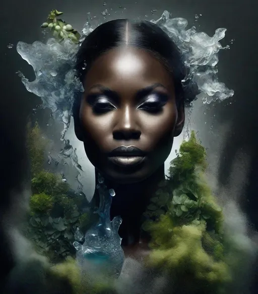 Prompt: By Ingrid baars and rankin, The elements in the form of a portrait of one beautiful dark skinned woman, earth + air + water + vines/foliage/moss/flowers, water + mist + ice, deteriorating/blowing away, flames/ash/disintegration, dreamlike, wet on wet oil painting technique combined with double exposure photography, surreal and exquisite, evocative composition, precise features combined with messy speed painting, golden ratio 