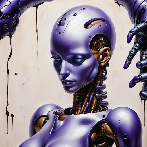 Prompt: Synthetic robot achieving organic emergence, skin colored blurple, abstract, oil on canvas, realism in paint