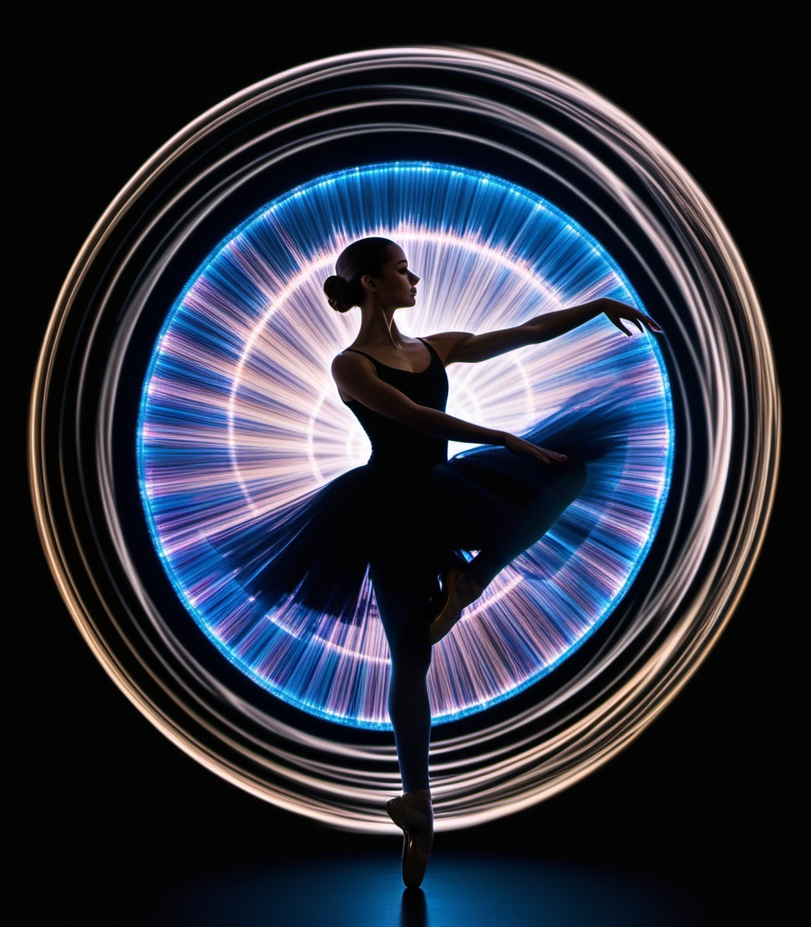 Prompt: a photograph of a Ballerina in motion using a photonegative refractograph lens, long exposure light painting style, liquid crystals, photophobia 