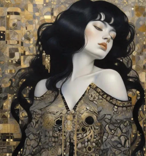 Prompt: a black-haired woman in a black top and a gold dress, in the style of detailed fantasies, light black and gray, , intricately detailed patterns, babycore, white and black, sculpted, by Gustav Klimt 