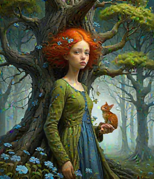 Prompt: anthropomorphic, tall green tree with blue flowers, good tree with friendly face, carrying the lonely pretty brave girl, wild red hair, grey eyes in it branches concept art by igor morski , John Leech, Arnold Lobel, John Kenn Mortensen, Marjorie Miller, jean Baptiste monge, Kelly McKernan, whimsical forest, magical night, surreal dreamlike portrait, fantasy, imaginative, beautiful, colorful, extremely detailed, intricate, lovely, award winning fantastic