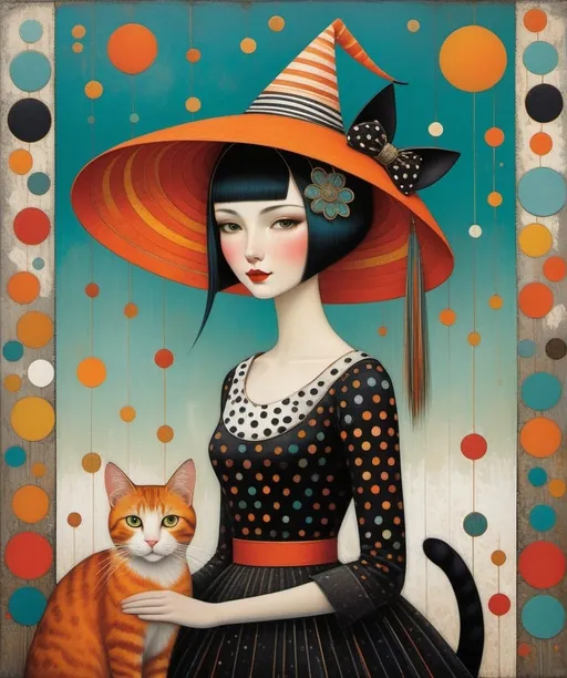 Prompt: a textured, brushstroke appearance Art style by Sam Toft, Florine Stettheimer, Dina Wakley, catrin welz-stein, Gabriel Pacheco, Elisabeth Fredriksson, using encaustics Paint and sandpaper to give the image texture: a stylized whimsical painting of a very tall slander girl with long, straight hair and a wide, stylized red sun hat standing beside a large, fluffy very tall cat with strikingly long whiskers and colorful striped paws. Both characters are set against a playful background filled with colorful circles and bubbles in hues of orange, yellow, and teal, conveying a cheerful, fantasy-like atmosphere. The girl wears a polka-dotted dress with pastel shades, and the cat features bold striped patterns in orange, black, and white. The artwork has reminiscent of modern storybook illustrations.
