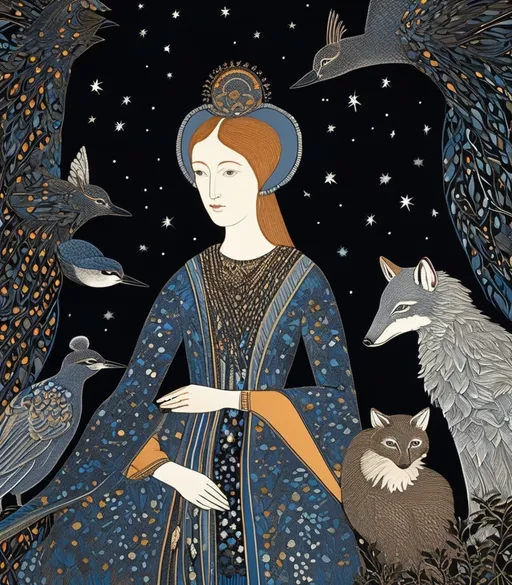Prompt: She is a night girl with night animals style of Genevieve Godbout, Morris Hirshfield, Robert Gillmor, Amy Giacomelli. Extremely detailed, intricate, beautiful, 3d, high definition 
