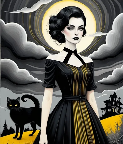Prompt: Illustration art by Paulo Zerbato, Jessica Galbreth, Ruben Ireland, Paolo Uccello, Ghostly beautiful eccentric girl, rockabilly fashion hair style, wearing a strange asymmetrical black dress with white random stitches, holding a creepy cute yellow stripes cat, a encaustic gothic dreamy landscape background, Stormy grey sky by Sam Chivers, piercing odd colored eyes