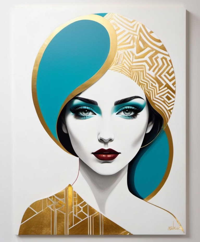 Prompt: the drawing of a woman on a white background with gold, white, blue and yellow gold shapes, gold leaf details, relief texture gold, in the style of edgy street art, dark red and turquoise, pristine geometry, serene faces, geometric shapes & patterns, illusory wallpaper portraits, flickr 