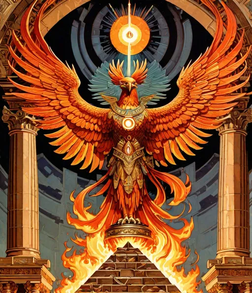 Prompt:  a painting of a phoenix rising from the fire of a pyramid with an all seeing eye ande colonnade lasers by J. C. Leyendecker, intricate details, retro American comic style, 16K, intricate detail, hight resolution，rich colors，high quality，bright colors，ultrawide shot 