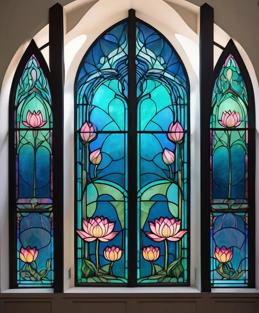 Prompt: whimsical building in  art nouveau a wireframe hologram of 3 stained glass windows, triptych, lotus flowers 