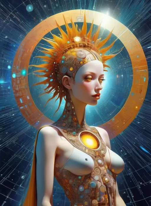 Prompt:  artificial intelligence goddess of the sun in a surreal matrix of the circle of the square, analytic galactic constructivist glitch art, space, moebius, by chiara bautista
