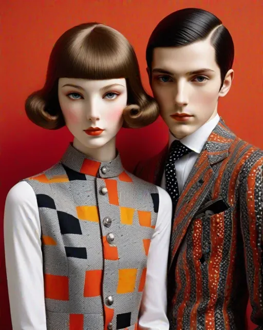 Prompt: sartorialist boy and girl of vibrant fabric in fornasetti style, by laurie simmons, minimal figures