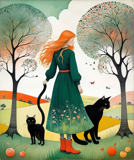 Prompt: Mixture style of Carl Larsson, Javier Mariscal, Mark Hearld, Sam Toft, Margaret Tarrant, gritty impasto brushstrokes texture, beautiful girl with long flowing Peach colored hair, wearing a bright gradient green dress and colorful boots, by her side is a stylized Giant big fluffy black cat with long fluffy tail that grows like tree branches. surreal landscape. They are beside an abstract tree with swirly branches, against a dreamy sky with soft clouds. The atmosphere is ethereal with a color palette dominated by red, black, and soothing pastel hues.