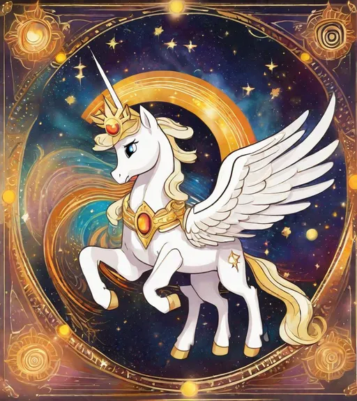 Prompt: In this heliocentric masterpiece, Princess Celestia is portrayed as the radiant sun herself, surrounded by a cosmic tapestry of swirling galaxies and celestial bodies. Her majestic wings extend like solar flares, casting a warm and golden glow that bathes the entire canvas. The sunburst cutie mark on her flank serves as the epicenter of a heliocentric system, with beams of light radiating outward, symbolizing her benevolent rule over Equestria. Celestia's flowing mane and tail cascade like solar winds, trailing behind her in vibrant hues that mirror the colors of a sunset. Her eyes gleam with the wisdom of the cosmos, reflecting the vastness of space and time. The regal alicorn stands tall, her silhouette a beacon of light against the cosmic backdrop. The celestial surroundings are adorned with constellations shaped like familiar elements of Equestria – a moon, stars, and other whimsical symbols. The overall effect is a harmonious blend of majestic power and ethereal beauty, capturing Princess Celestia as the sun sovereign, the focal point of a heliocentric universe. 