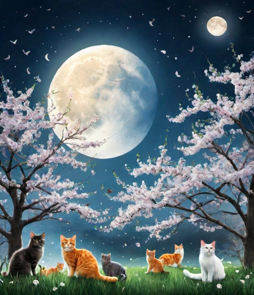 Prompt: spring, moon with an unreasonable amount of cats