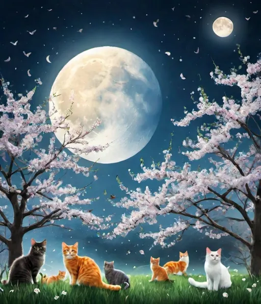 Prompt: spring, moon with an unreasonable amount of cats