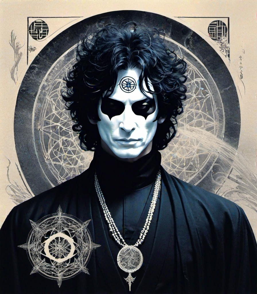 Prompt: sandman by Neil gaiman:: photonegative refractograph sandman morpheus wearing his sigil mask in the dreaming:: with his sister death, japanese art, painting, monotone 