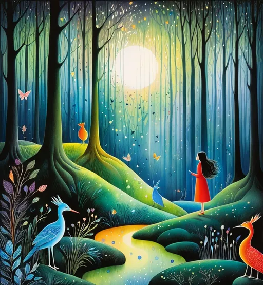 Prompt: The very Pretty girl and beautiful creatures at a magical night forest Illustration art by Michael Leunig, na dittmann, Kazumasa Nagai, Desmond Morris. 3/4 body shoot, 3d, Watercolor and ink, impasto, volumetric lighting, spectacular, intricate, beautiful, fantastic view, extremely detailed