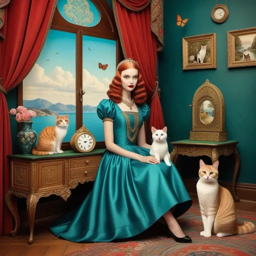 Prompt: The very pretty girl, She likes cats a lot, an unreasonable amount of cats with her, whimsical room, Rebeca Saray, Catrin Welz - Stein, Victor Nizovtsev, Gustav Klimt, endre penovac, Gary Baseman, Michael Creese, Frank Cadogan Cowper, Sam Toft. inlay, watercolors and ink, beautiful, fantastic view, extremely detailed, best quality, highest definition, rich colours. intricate beautiful, award winning fantastic view ultra detailed, 3D high definition