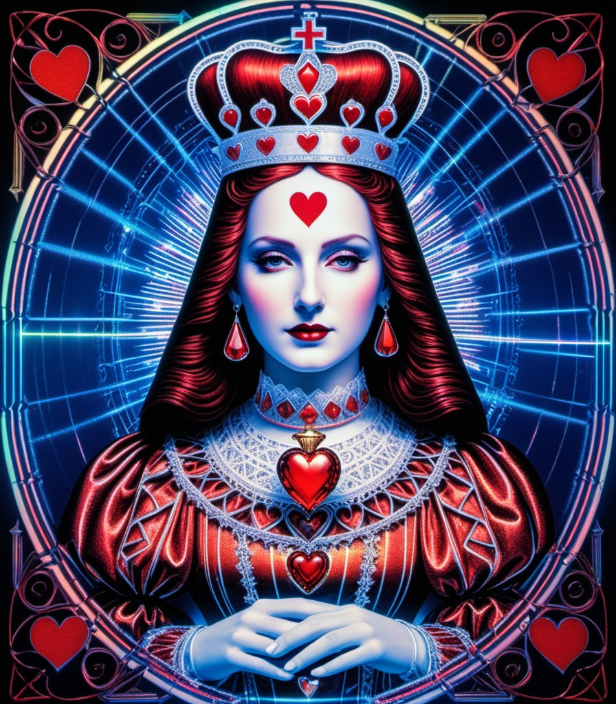 Prompt: holographic wired holy queen of hearts, photonegative refractograph