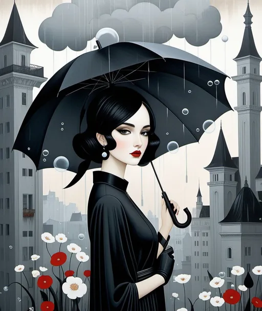 Prompt: illustration of lovely pretty girl holding an umbrella, in the style of surrealist-inspired works, gothic neo-pop surrealism, Hayv Kahraman, Anselm Kiefer, Jamie Heiden, Lotta Jansdotter, dark white and black, rain, a metropolis tall buildings with flowers background , jewelry by painters and sculptors, vienna secession, elegant, emotive faces, bubble goth, subtle playfulness