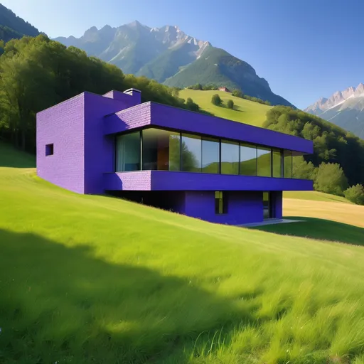 Prompt: a blurple brick house in the mountains next to grass, masonry construction, in the style of quadratura, soft yet vibrant, flickr, subtle chromatism, Mario Botta architecture, captivating, uhd 