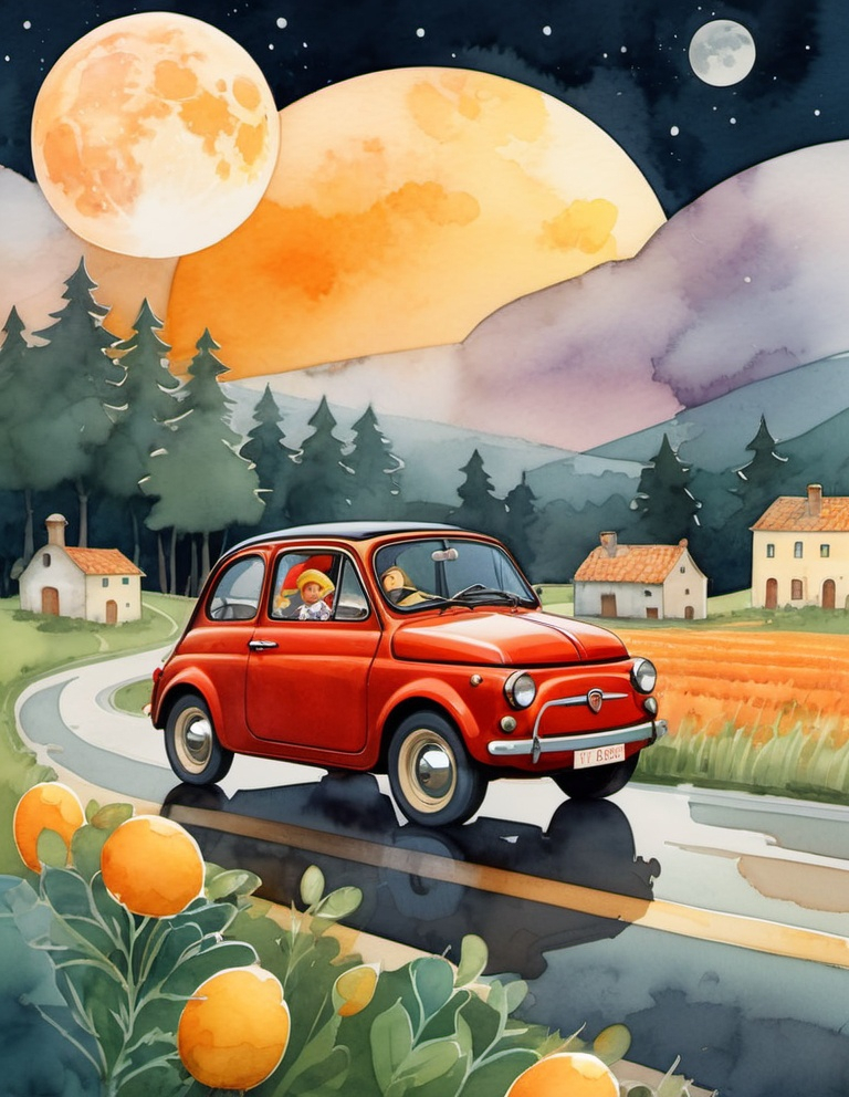 Prompt: Vintage illustrate girl with metaphorical chicken::2 , travelling through nature, in an old fiat 500, under a harvest moon, flat-colors, as 2d children's book, illustration, watercolor, 2d rendering