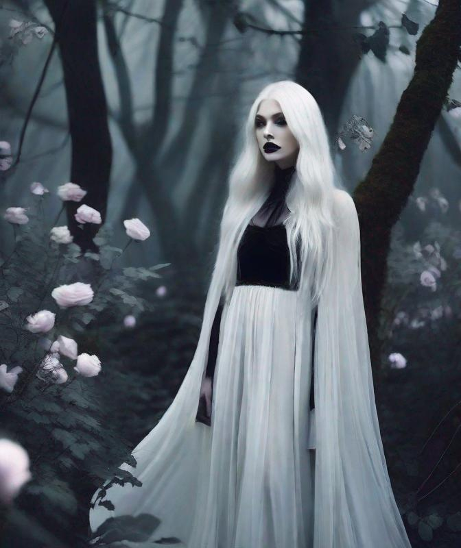 Prompt: Eerie beautiful diaphanous forest mage, floating long platinum white hair, porcelain skin, beautiful eyes, black lipstick, ethereal silver shimmering clothes, surrounded by ghostly beautiful flowers forest illuminated by a night rim lighting through the trees, foggy art by Monia Merlo, Sarah moon, Agnieszka Lorek, John Larriva, William Oxer, Nickolas Muray, Inna Mosina, Angus McBean, elsa Bleda, Elger Esser. 3/4 body shoot, Ethereal foggy background, chiaroscuro lighting, Mixed media, 3d, extremely detailed, intricate, high definition