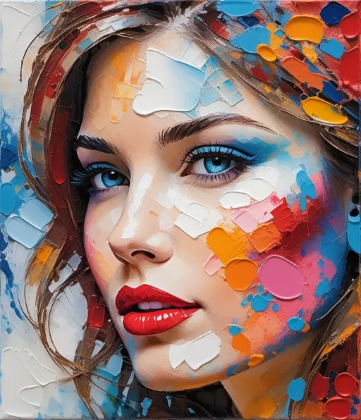 Prompt: Abstract impressionist, vibrant side profile closeup painting of a beautiful woman's face with a colorful, textured application of paint in thick impasto, encaustic texture, splatter of gradient crossed colors mixture on the side, blue, orange , red pink, painting optical illusion swirling impasto texture, blue eyes, red lipstick, white background