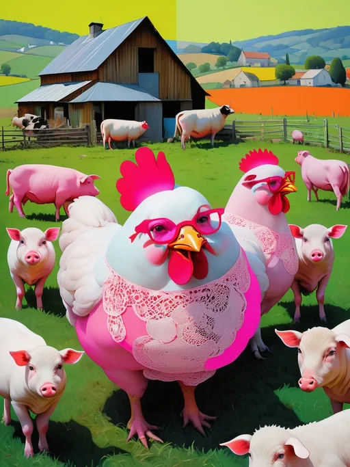 Prompt: strangely beautiful plump metaphorical chicken doily twin sisters on a farm in France, with dayglo color blocking, surrounded by pigs, sheep, and cows, constructivist glitch art by the Coen Brothers, Limbourg brothers, Elina Brotherus 