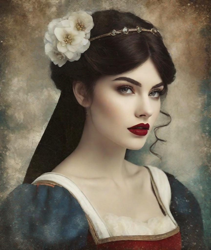Prompt: grunge medieval Snow White, impasto, old picture effect, grunge whimsical 