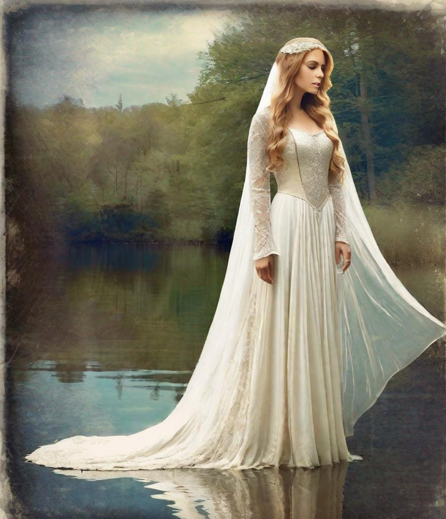 Prompt: lady of the lake ,long white medieval grunge gown, veil, old picture effect, craquelure, tempera 