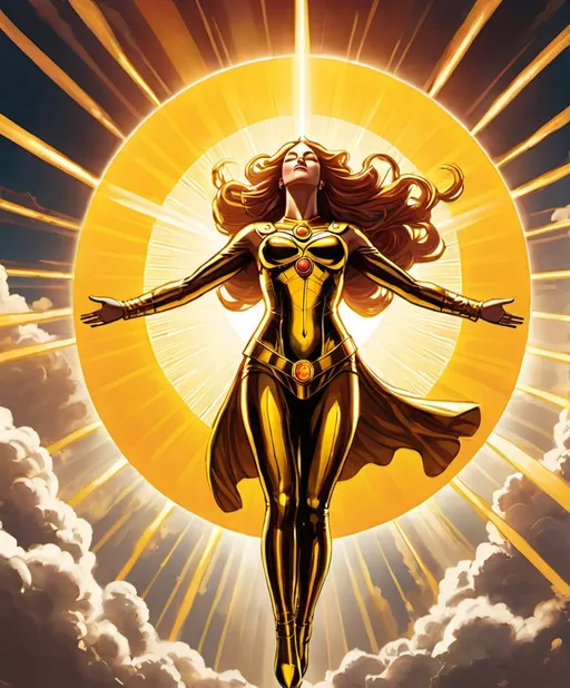 Prompt: hovering heliocentric goddess descending from the sky, epic noonday sky, sun flare behind her, in the style of Watchmen comics, glossy, golden, curvaceous 